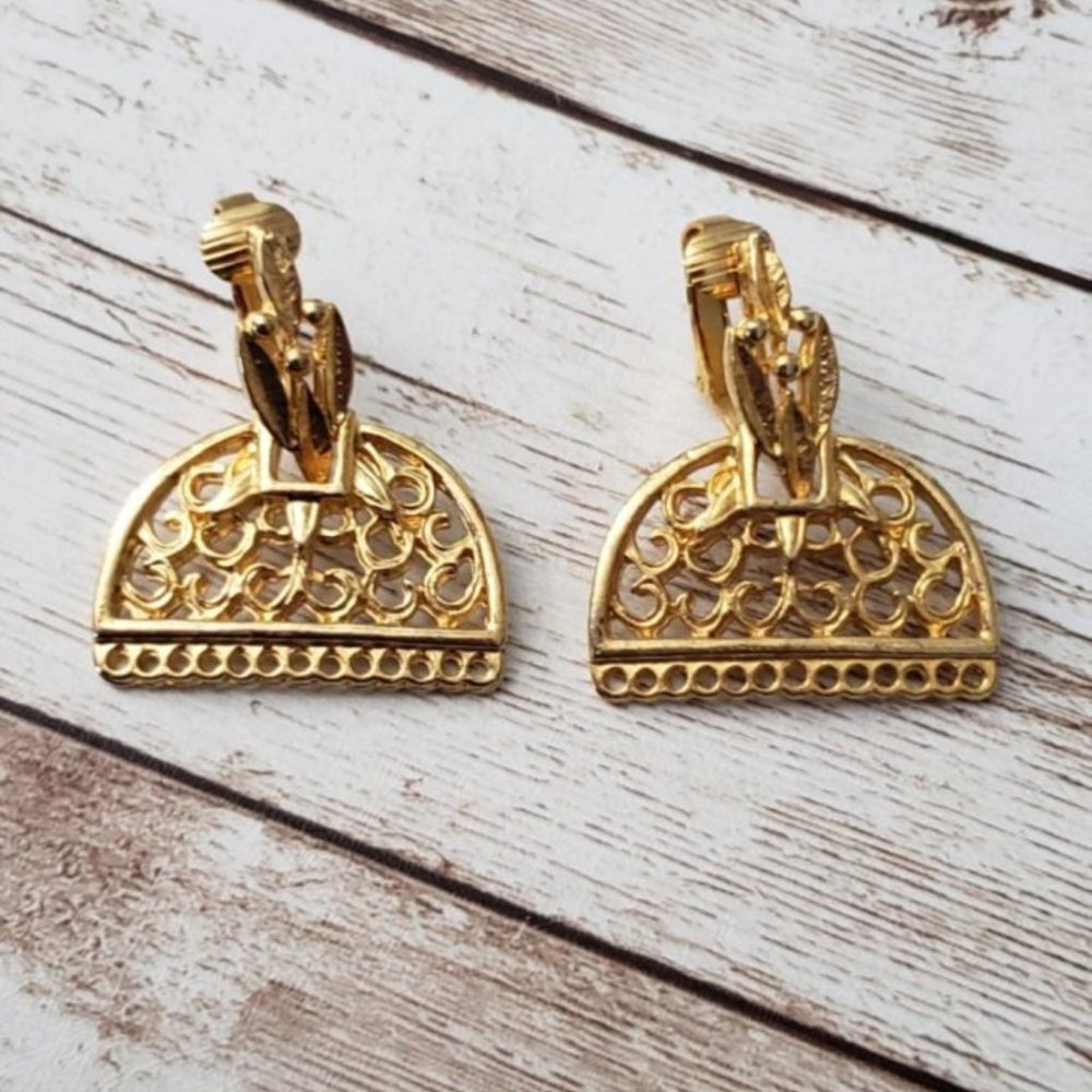 Vintage Clip On Earrings Ornate Semi Circle Dangle Gold Tone